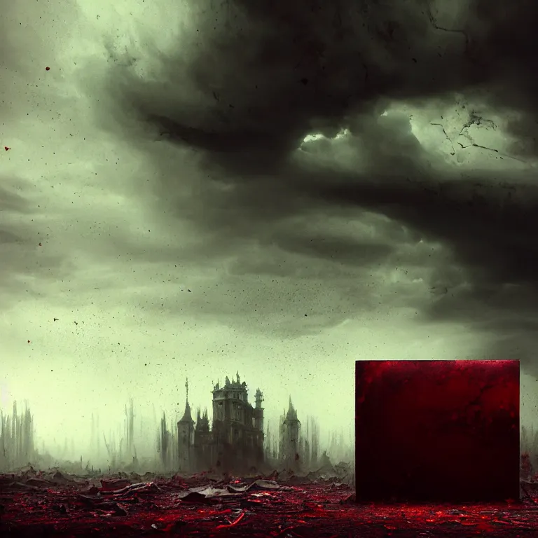 Image similar to surreal abandoned ribbed broken dripping pc monitor, dark clouds, dark red tint, surreal abandoned buildings, dream-like heavy atmosphere, baroque painting, beautiful detailed intricate insanely detailed octane render trending on Artstation, 8K artistic photography, photorealistic, dramatic volumetric cinematic perfect light, chiaroscuro, award-winning photograph, masterpiece, Raphael, Caravaggio, Beksinski, Giger