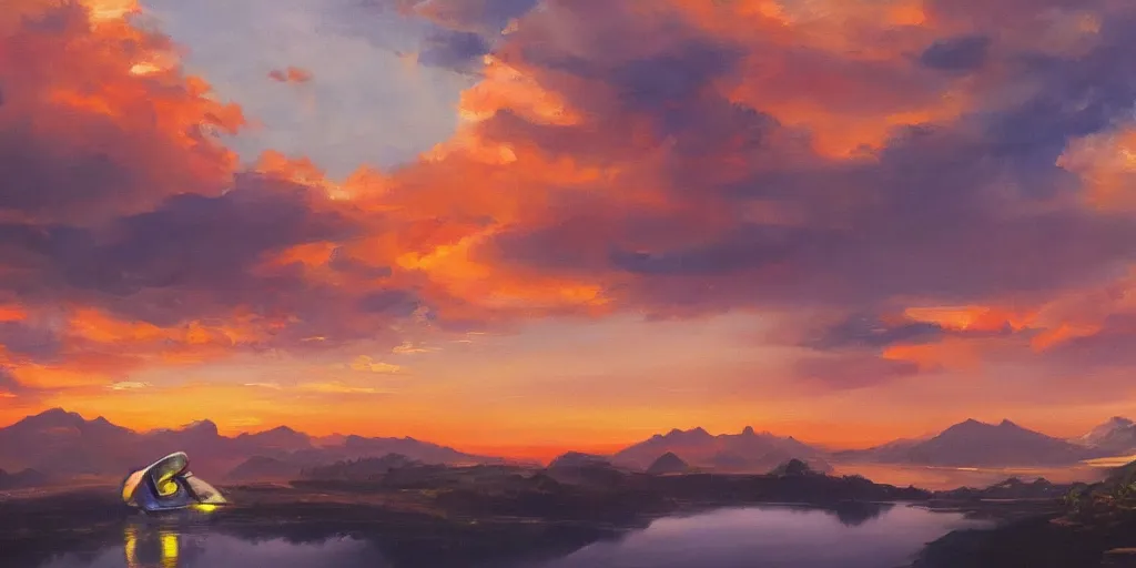 Image similar to a landscape with a futuristic city and spaceship flying in the sky, mountains, a lake and clouds in background at sunset, oil painting