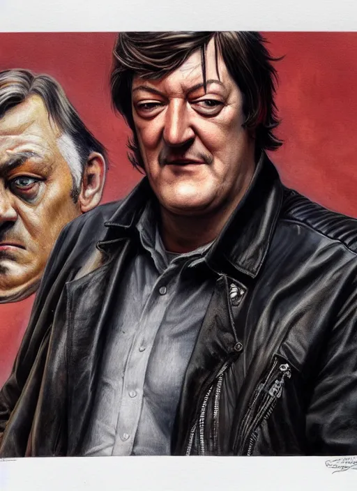 Image similar to portrait of stephen fry, gritty, dark, wearing a leather jacket, very detailed eyes, hyperrealistic, very detailed painting by Glenn Fabry, by Joao Ruas, by Artgerm