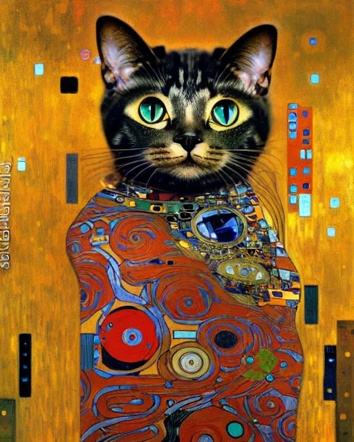 Image similar to robotic cat portrait an oil painting splashes with many colors and shapes by gustav klimt greg rutkowski and alphonse mucha, polycount, generative art, psychedelic, fractalism, glitch art