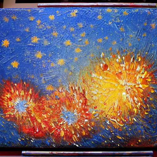 Image similar to oil paint impasto relief, austrian blue mountain with fireworks, multi layered thick brush marks, some splattered paint, in the style of van gogh and redon