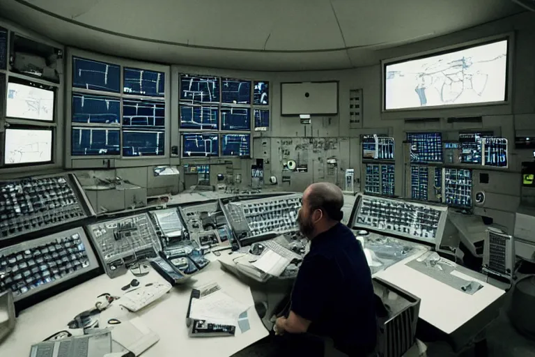 Image similar to movie heavyset bald man wearing a white shortsleeved shirt and blue jeans working in a nuclear silo control room by Roger Deakins