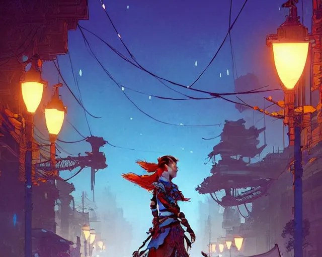 Image similar to Aloy of horizon zero dawn in a street with lamps, road, illustration, wide shot, subtle colors, post grunge, concept art by josan gonzales and wlop, by james jean, Victo ngai, David Rubín, Mike Mignola, Laurie Greasley, highly detailed, sharp focus, Trending on Artstation, HQ, deviantart, art by artgem