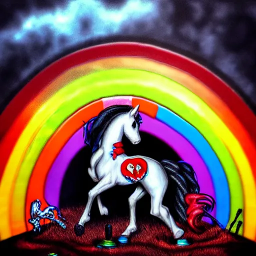 Prompt: necro pony on a rainbow of sinners, hyperrealism, detailed and intricate environment