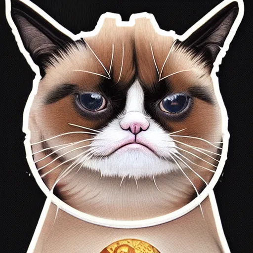 Image similar to Grumpy Cat dressed as Doge, anime, weeb, die cut sticker , intricate, elegant, highly detailed, digital painting, artstation, concept art, smooth, sharp focus, illustration, art by artgerm and greg rutkowski and alphonse mucha and francisco goya