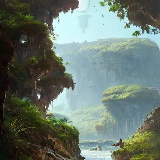 Image similar to painting of a lush natural scene on an alien planet by greg rutkowski. beautiful landscape. weird vegetation. cliffs and water.