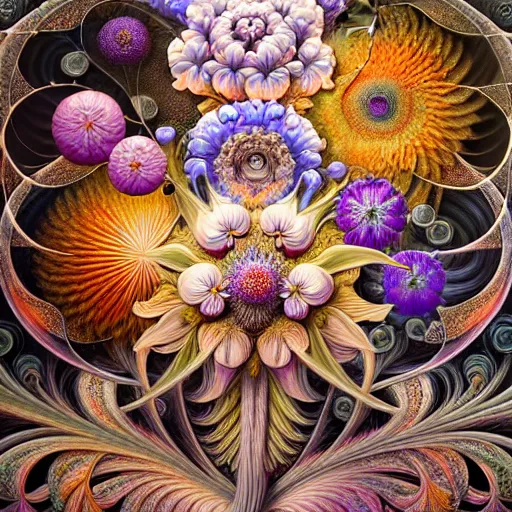 Image similar to an ultra high resolution detailed oil painting of many different types of flowers by Android Jones, Earnst Haeckel, James Jean. behance contest winner, generative art, Baroque, intricate patterns, fractalism, rococo, hyperrealism, ornate floral patterns