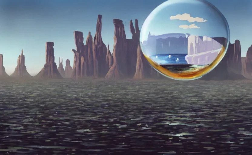 Prompt: a scary hyperrealist painting of a post - apocalyptic new york city inside a giant transparent forcefield crystal ball from howl's moving castle ( 2 0 0 4 ) in a flooded monument valley stonehenge jungle. depth perception, 4 k, artstation, in the style of studio ghibli