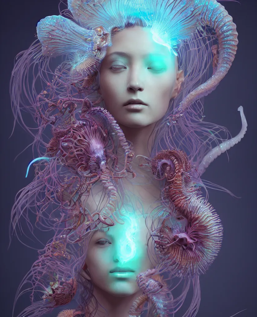 Image similar to goddess close-up portrait. chimera orchid jellyfish phoenix head, nautilus, skull, betta fish, bioluminiscent creatures, intricate artwork by Tooth Wu and wlop and beeple. octane render, trending on artstation, greg rutkowski very coherent symmetrical artwork. cinematic, hyper realism, high detail, octane render, 8k