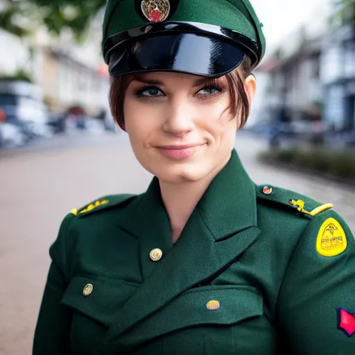 Image similar to brunette woman, short hair, flipped out hair ends, bright green eyes, military uniform, smirk