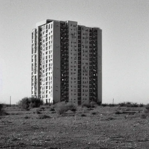Image similar to Photograph of a tall soviet communist european residential block standing lonely in a desert, after dawn