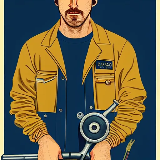 Image similar to realistic portrait of ryan gosling as a mechanic in beret, with a huge wrench, futuristic, highly detailed, 7 0 - s style poster, sharp focus, illustration, art by kawase hasui,