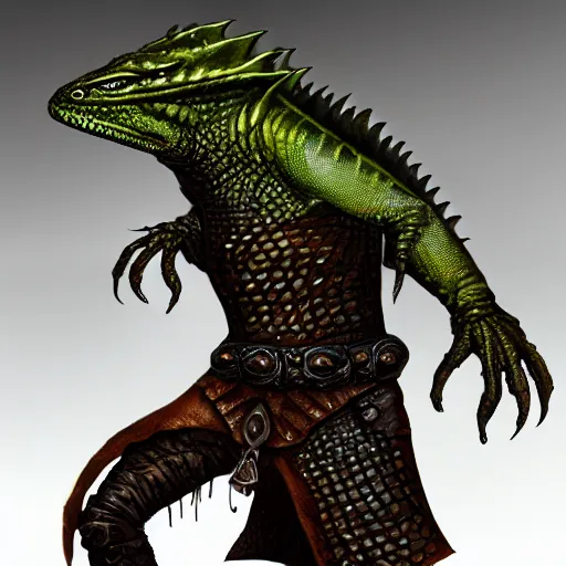 Image similar to lizard wearing oiled leather rogue armor, Lizardman thief, D&D, argonian, mideival setting, digital painting, highly detailed, concept art, sharp focus, artstation