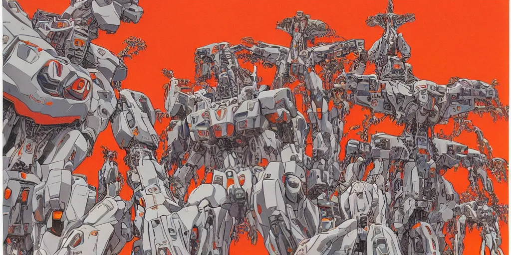 Image similar to risograph rendition of extremely - detailed white huge evangelion - like mech with a lot of orange tiny balls on it, children faces, ominous, intricate complexity, dramatic, epic composition, atmospheric, painting by moebius