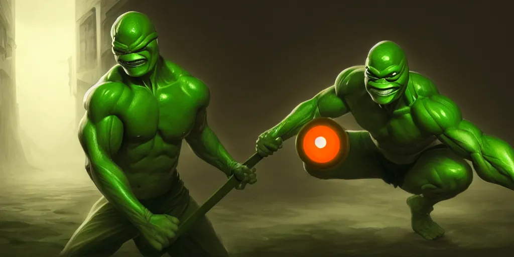 Image similar to a green skinned muscular humanoid bi pedal kung fu turtle, with an orange eye mask, holding nunchucks, heroic pose, cinematic, volumetric moody lighting in a sewer, highly detailed, digital painting, artstation, concept art, matte, sharp focus, illustration, art by artgerm and greg rutkowski and alphonse mucha