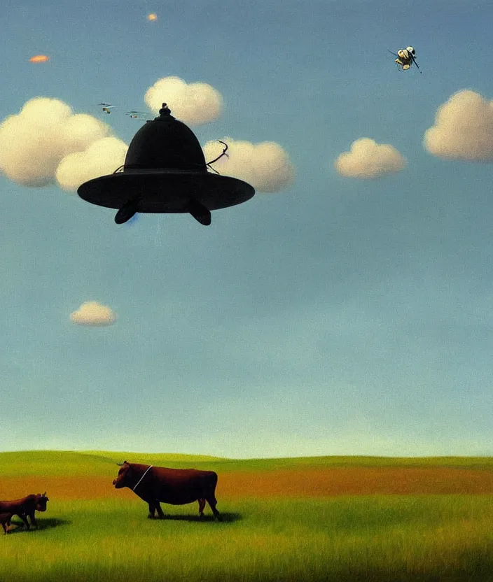 Image similar to a highly detailed painting of a ufo over a meadow, one cow is being abducted by an ufo, ufo has green light, very fine brush strokes, baby blue sky with aesthetic clouds, in the style of edward hopper, 4 k,