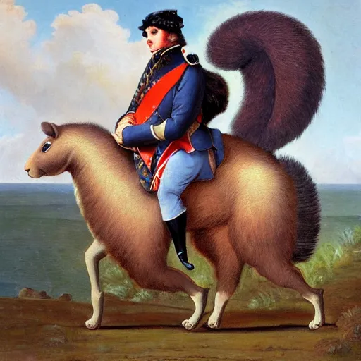 Prompt: a giant fluffy squirrel carrying napoleon bonaparte on its back, beach scene, foliage, flowers, detailed oil painting