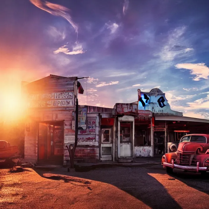 Image similar to a sunset light landscape with historical route 6 6, lots of sparkling details and sun ray ’ s, blinding backlight, smoke, volumetric lighting, colorful, octane, 3 5 mm, abandoned gas station, old rusty pickup - truck, beautiful epic colored reflections, very colorful heavenly, softlight