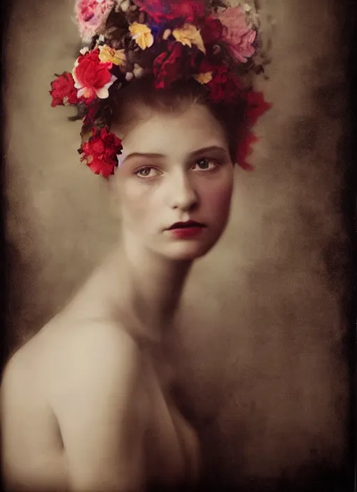 Image similar to stunning young girl With flowers in her hair, fine art portrait photography by Sarah Moon