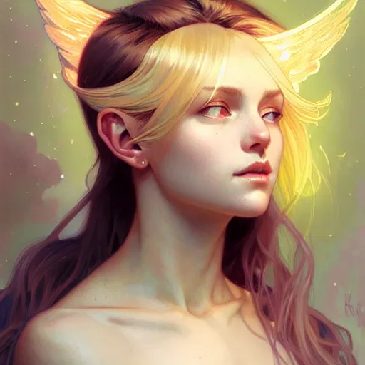 Image similar to Portrait of a girl angel with blonde hair, cat ears, glowing halo, wings, fantasy, intricate, elegant, highly detailed, digital painting, artstation, concept art, smooth, sharp focus, illustration, art by Krenz Cushart and Artem Demura and alphonse mucha