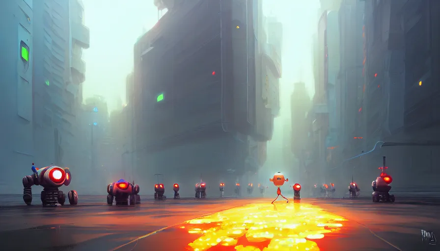 Image similar to running robots in a marathon, digital painting, illustration by pixar and artgerm and greg rutkowski and makoto shinkai, artstation