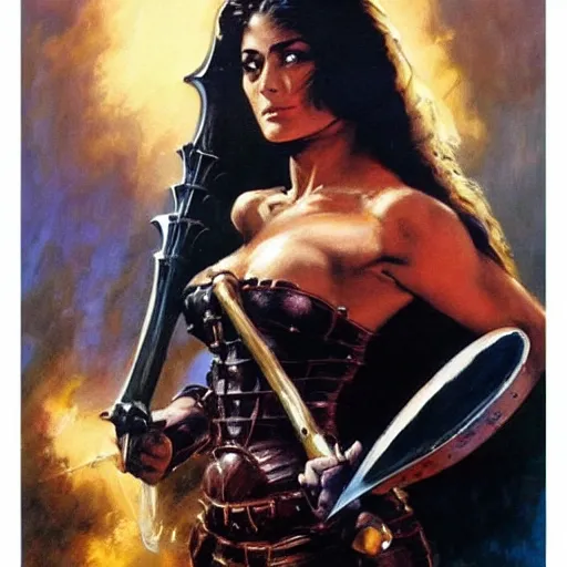 Image similar to a frank frazetta oil painting of selina gomez as a beautiful muscular salma hayek wearing black armor holding a large battle axe, dynamic shot, hd 4 k, intricate, highly detailed, atmospheric, sharp