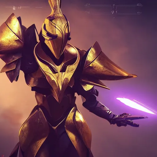 Image similar to “ gold armor azir fan art fantasy armor cinematic shot dynamic pose red glowing lines deviant art art station 4 k octane render bloom effect war frame fanart destiny 2 fanart ”