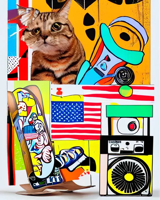 Image similar to small pop art collage mural with a cat, skateboard, boombox, american flag, a large taco, and a bird of paradise plant, by Alex Yanes