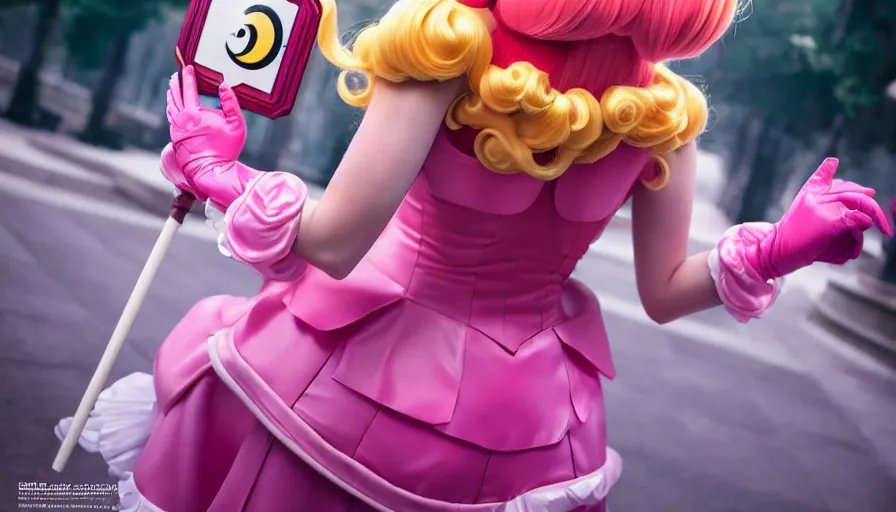 Image similar to amazing cosplay of princess peach from mario, symmetrical, cinematic, elegant, luxury, real photography, 4 k, ultra hd, cosplay journal cover