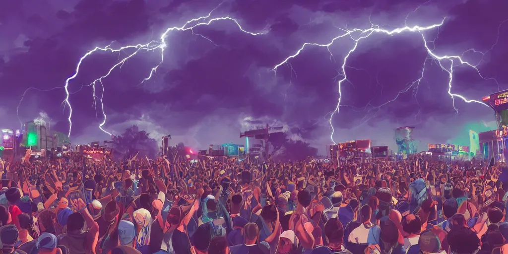 Prompt: Lightning strikes while rapper performs for huge crowd reaching up to him, digital art, vapor wave, hip hop, trending on Artstation, professional artist, detailed, 4k