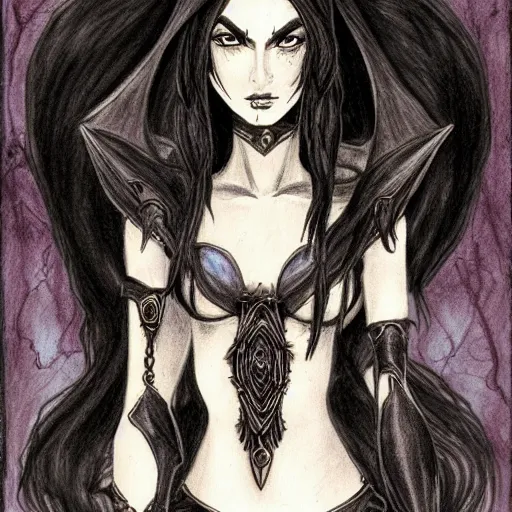 Image similar to dark elf sorceress who is summoning a demon in the style of warhammer fantasy : : head and shoulders drawing