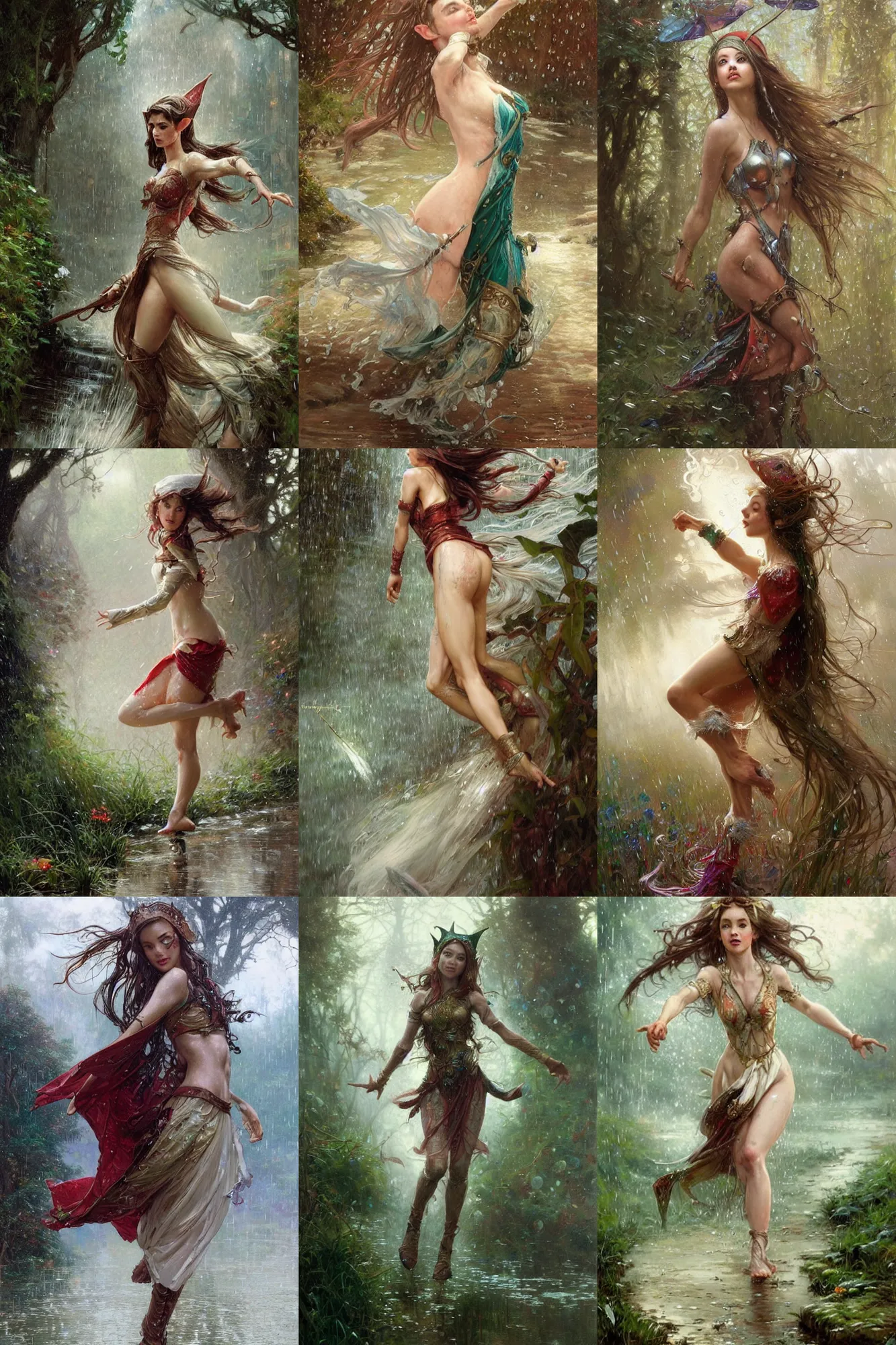 Prompt: hyper-realistic portrait of beautiful high-fantasy elf girl prancing drenched in the rain, intricate details, rule of thirds, by Stanley Artgerm Lau, by greg rutkowski, by thomas kindkade, by alphonse mucha, loish, by norman rockwell J.
