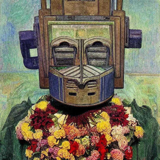 Prompt: a painting of a robot wearing a mask made of flowers, by annie swynnerton and diego rivera, symbolist, dramatic lighting, elaborate geometric ornament, art brut, soft cool colors, smooth, sharp focus, extremely detailed, adolf wolfli
