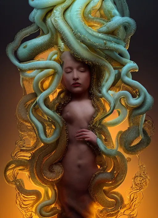 Image similar to subsurface scattering, medusa made of soft wax, cgsociety, translucent, organic squid and ceramic art nouveau swirls, golden orbs, colored smoke, in the style of alberto seveso and ruan jia and beeple and giger, mystical colors, back light, rim light, dramatic lighting, 8 k, stunning scene, raytracing, octane render