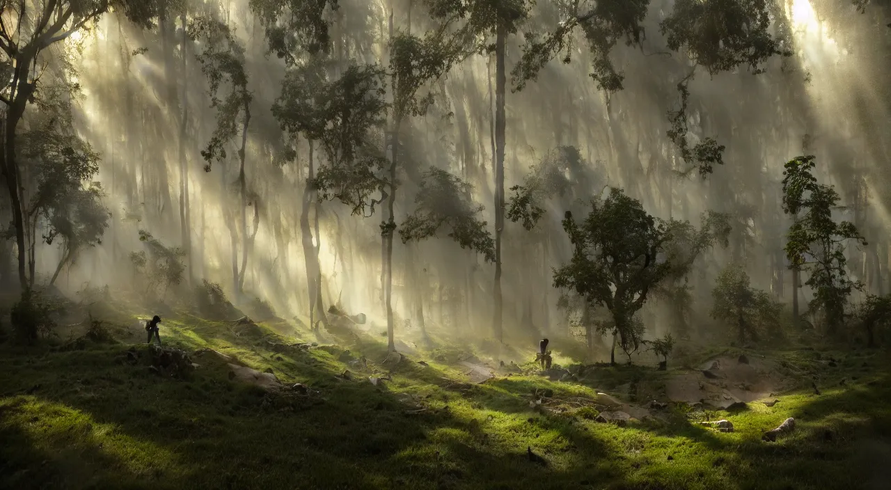 Image similar to In my thoughts I have seen rings of smoke through the trees and the voices of those who stand looking, volumetric lighting, god rays, , global illumination, puddles of water, sci-fi, ivy, moss, trending on artstation, concept art by Greg Rutkowski and Sebastian Luca ad Moebius