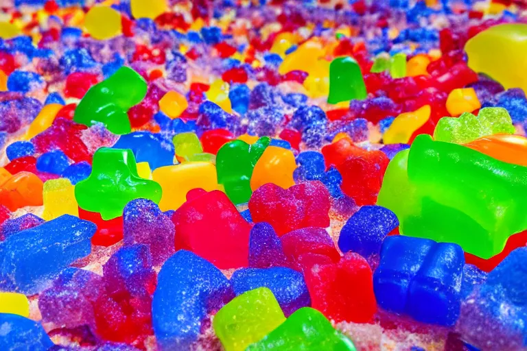 Image similar to desert oasis made of gummy candy, 8 5 mm bright - light photography,