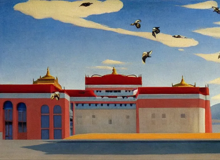 Prompt: lhasa palace, clouds, bird, open ceiling, strange foreign objects, oil painting by edward hopper, chirico and rene magritte