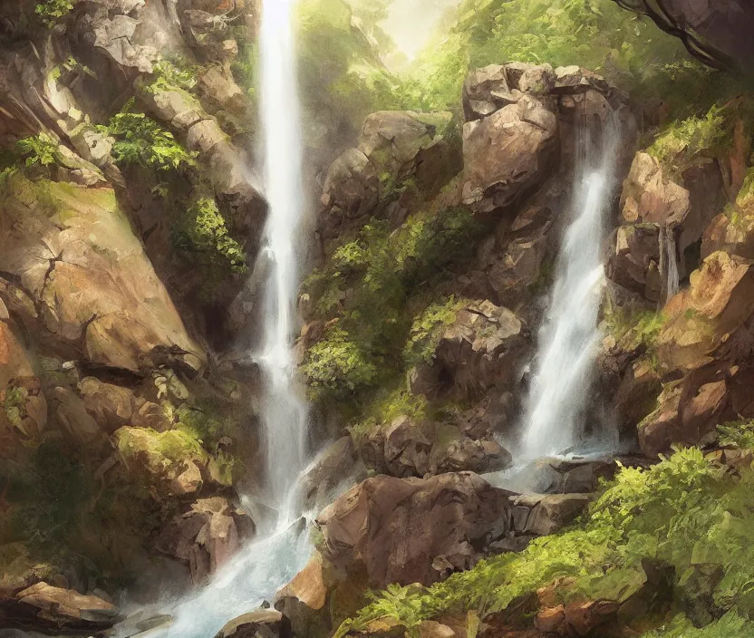 Prompt: Champion Falls. Waterfall amongst the tall dusky mountains. Digital Illustration by John Avon. #mtgart #digitalillustration #johnavon