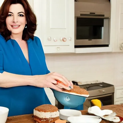 Prompt: nigella lawson diving into cake mix