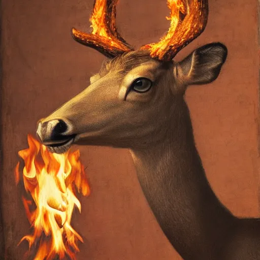 Image similar to a flaming deer portrait in the style of renaissance painting