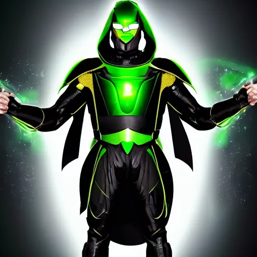 Prompt: sci fi superhero in green and black armor with a long golden cape with green energy coming from his hands