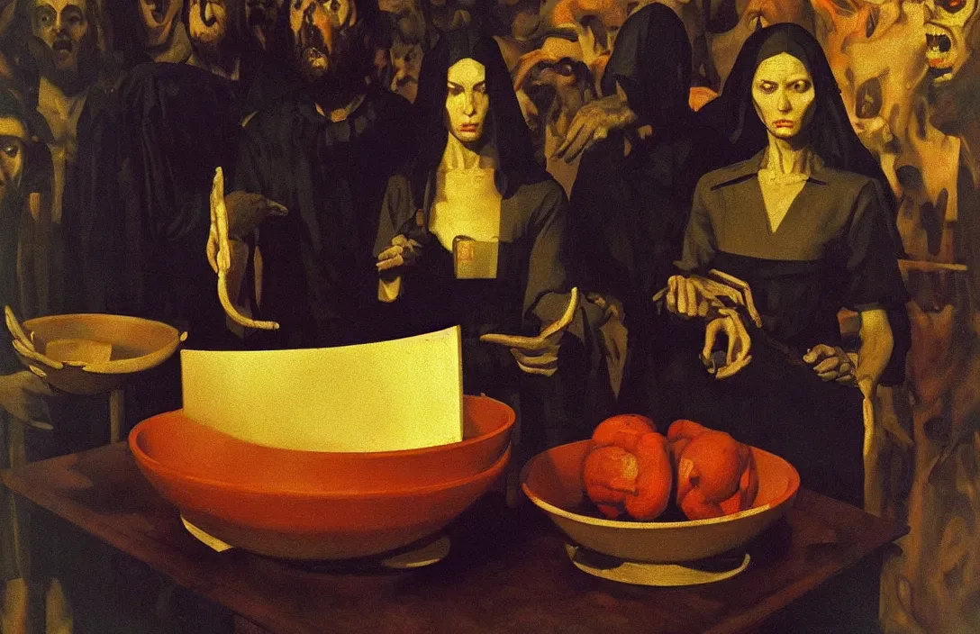 Prompt: forms exist in three dimensions, with height, width, and depth. intact flawless ambrotype from 4 k criterion collection remastered cinematography gory horror film, ominous lighting, evil theme wow photo realistic postprocessing perfectly shaped bowl surviving painting altarpiece painting by valentin serov