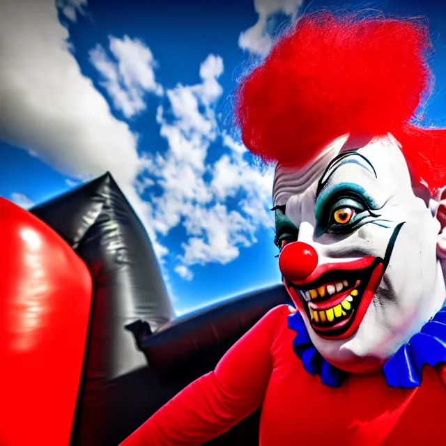 Image similar to scary bouncy castle clown, highly detailed, 8 k, hdr, smooth, sharp focus, high resolution, award - winning photo