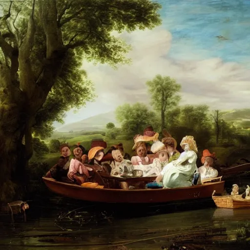 Image similar to cinnabun by jacob van ruisdael, by warren ellis, by charles spencelayh ultradetailed. the computer art of a group of well - dressed women & children enjoying a leisurely boat ride on a calm day. the women are chatting & laughing while the children play with a toy boat in the foreground.