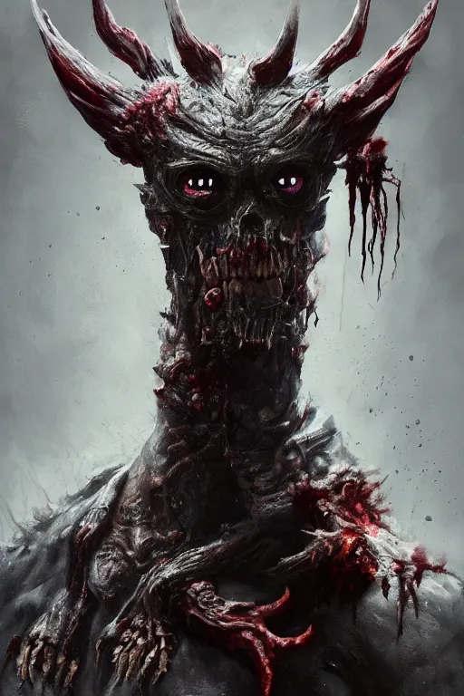 Prompt: A fancy portrait of a zombified animal by Greg Rutkowski, Sung Choi, Mitchell Mohrhauser, Maciej Kuciara, Johnson Ting, Maxim Verehin, Peter Konig, Bloodborne, 8k photorealistic, cinematic lighting, HD, high details, dramatic, dark atmosphere, trending on artstation