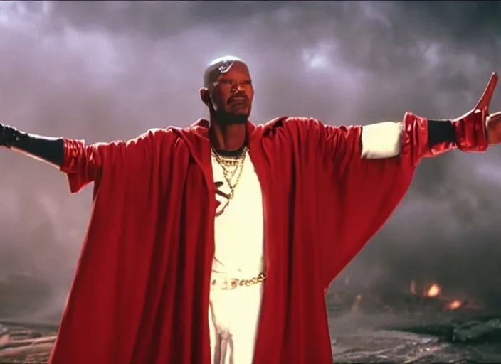 Image similar to film still of jamie foxx as spawn in the new spawn movie, giant chains, large cape, 8 k