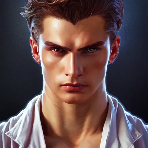 Prompt: character concept, portrait, symmetrical head - on centralized, young man with strong body. detailed, high quality, dynamic lightning, fantasy, scenematic. artwork by artgerm, wlop, alex ross, greg rutknowski, alphonse mucha