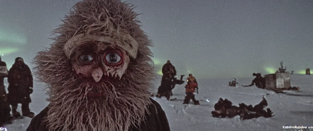 Image similar to filmic extreme close up shot movie still 4 k uhd exterior shot 3 5 mm film color photograph of a terrifying bearded man with tentacles and blood chasing five scared people around mcmurdo station in antarctica at night with the northern lights lighting up the sky, only color images, in the style of the horror film the thing 1 9 8 2