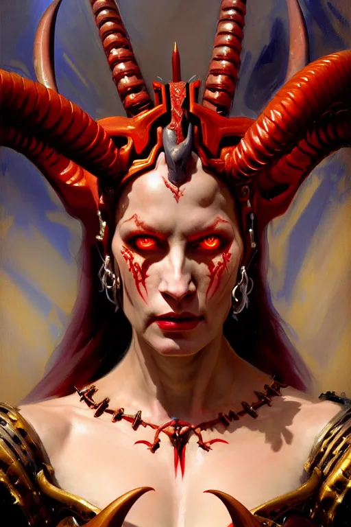 Image similar to painted close - up portrait of a very attractive red - skinned intimidating demon alien - cyborg queen with ram horns! oil painting, wearing a noblewoman's outfit, fantasy art by john singer sargent and gaston bussiere and james jean and greg rutkowski, demon noble character design, hd