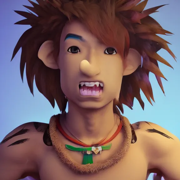 Image similar to 3D render of a cute tribal anime boy in a loincloth, fantasy artwork, fluffy hair, mid-shot, award winning, ray tracing, hyper detailed, very very very beautiful, studio lighting, artstation, unreal engine, unreal 5, 4k, octane renderer